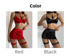 Detailed comparison of red and black satin lingerie sets with suspender mini skirts