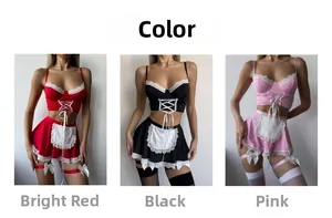 Ensemble lingerie soubrette sexy trois pièces en rouge, noir et rose avec tablier