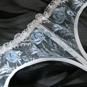 Close-up of fine white lace mesh with delicate light blue floral embroidery details