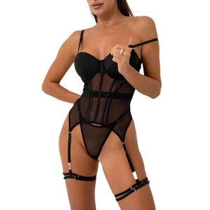 Sexy black mesh bodysuit with push-up cups, adjustable garter straps and leg harnesses