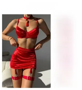 Macro detail of red satin sexy lingerie set showing lace-up back and garter skirt design