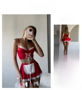 Détails du costume de servante de Noël sexy avec dentelle rouge et nœuds de tablier blancs