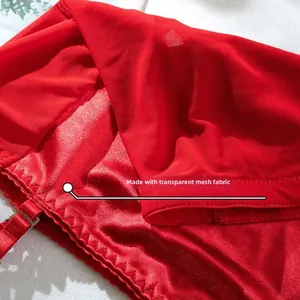 Macro shot of red silk lingerie featuring transparent mesh splicing and adjustable straps