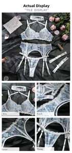 Detail view of white lace lingerie set with light blue floral embroidery and garter belt