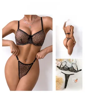 Detail of leopard print mesh lingerie set with underwire bra and matching thong