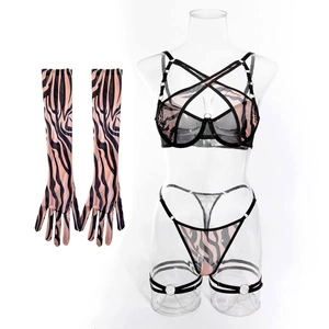 Detail of zebra print lingerie set with mesh cross straps and matching long gloves