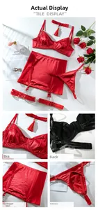 Detailed views of red satin sexy lingerie set with lace accents and floral decor