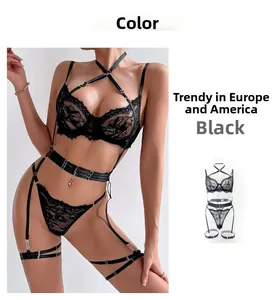 Three-piece black lace lingerie set featuring strappy neck bra, panty and garter belt