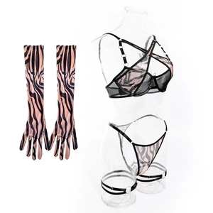 Detail of sexy brown zebra print mesh lingerie set with cross straps and long gloves