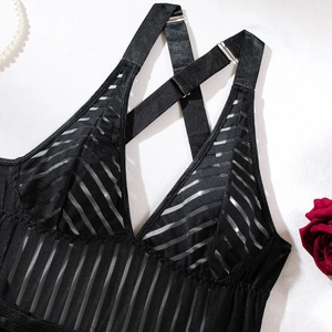 Detail of black striped mesh bodysuit with V-neck and adjustable cross back straps