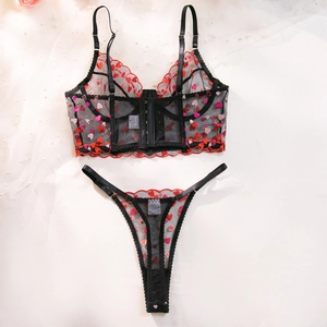 Macro detail of red heart embroidery on sheer black lace lingerie set with mesh fabric