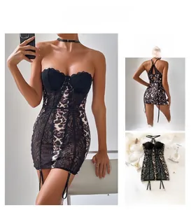 Detail views of a leopard print lace bodycon dress with underwire cups and garter straps