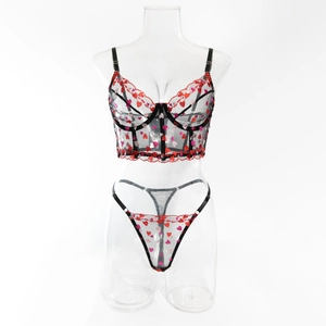 Detail of sheer black lace bra with heart embroidery and red scalloped trim detailing