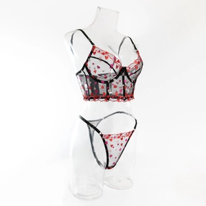 Detailed close-up of sheer lace lingerie set with red heart embroidery and underwire