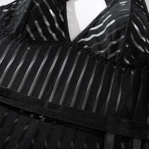 Macro detail of sexy black striped sheer bodysuit with fine mesh texture and elastic waist