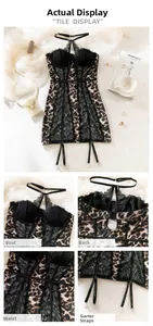 Detail view of leopard print lace lingerie bodysuit with garters and wire support