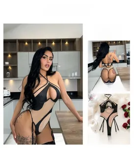 Detail view of sexy cutout PU leather and mesh bodysuit with integrated garter straps