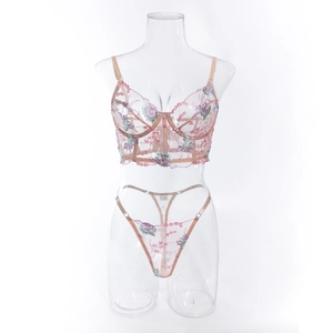 Detail of floral embroidery on sheer mesh lingerie set with purple rose pattern