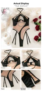 Detail view of sexy PU leather and mesh bodysuit with adjustable garters and snap crotch