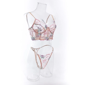 Detail of floral embroidery on sheer mesh lingerie set with structured underwire support