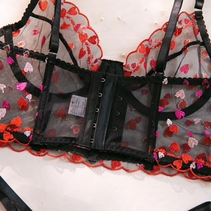 Detail of black mesh bra showing back hook closure and red heart embroidery texture