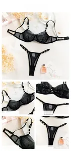 Detail of black lace lingerie set featuring gold metal rings and sheer mesh texture