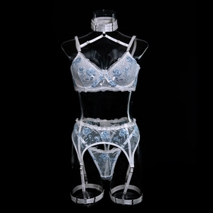 Exquisite white lace lingerie set with light blue floral embroidery on mannequin
