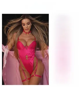 Detail view of pink satin bodysuit with heart choker and back strap design