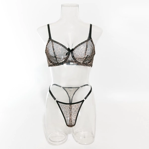 Detail of sheer leopard print lingerie set featuring lace edges and black bow accent