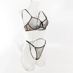 Detailed view of sexy leopard print mesh bra and thong set with underwire support