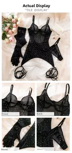 Detail view of black mesh bodysuit set with sparkling sequins and lace-up leg ties