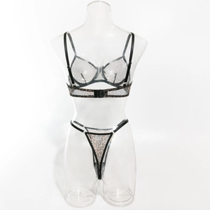 Close-up of leopard print mesh bra and thong set with sheer fabric and fine straps