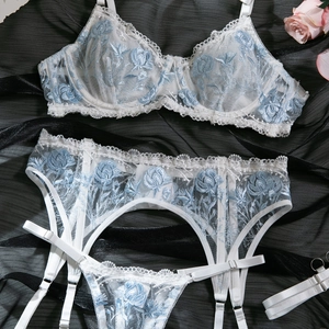 Detail of floral embroidery on white mesh bra set with blue flowers and lace trim
