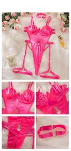 Detail of rose red satin bodysuit featuring heart buckles, underwire cups, and matching choker