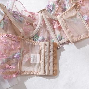 Detail of pink lace bra featuring intricate floral embroidery and breathable mesh side wings