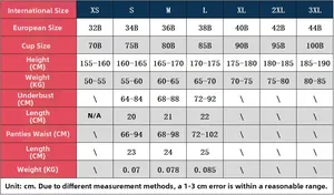 Size guide table for leopard lingerie set showing international and European measurements