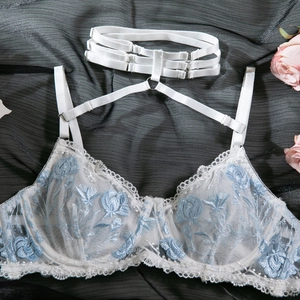 Detailed close-up of white lace bra with blue floral embroidery and choker neck strap