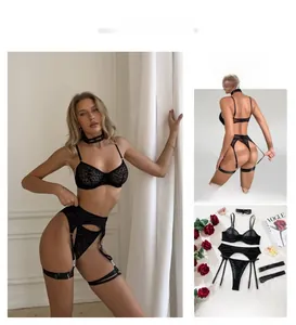 Three-piece black leopard lace lingerie set with bra, thong and garter belts