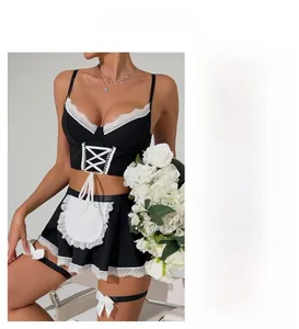 Vorder- und Rückansicht des sexy schwarz-weißen Dienstmädchen-Lingerie-Sets mit Spitzenbesatz