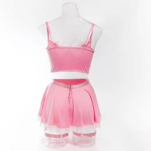 Ensemble lingerie rose sexy avec jarretières réglables et dentelle blanche sur mannequin