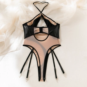 Detail view of sexy PU leather and mesh bodysuit with garter straps and back cutout