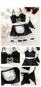 Details des fünfteiligen Dienstmädchen-Lingerie-Sets mit Spitze und Schürzenelementen
