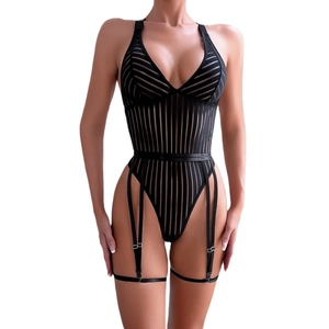 Sexy black striped bodysuit with cross straps and adjustable garter belts for women