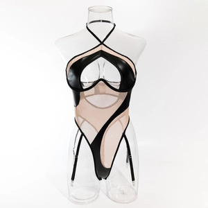 Sexy black PU leather bodysuit with mesh panels and adjustable garter straps