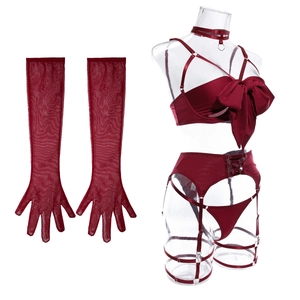 Detailliertes Set aus weinroten Dessous mit Satinschleifen-BH, Strapsgürtel und Netzhandschuhen