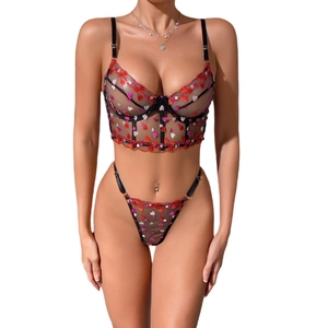 Sexy black sheer mesh lingerie set with red heart embroidery and underwire support
