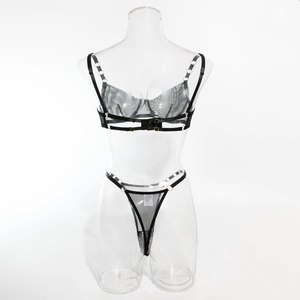 Close-up of black mesh lingerie set with metal rings and adjustable straps on mannequin
