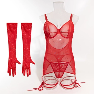 Detail of red mesh bodysuit with sparkling sequins, underwire support and matching gloves