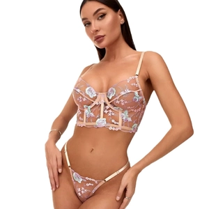 Sexy mesh lingerie set featuring floral embroidery and underwire support bra