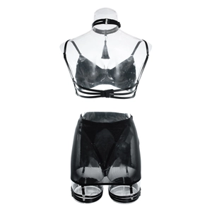 Detail of black sexy lingerie set featuring strappy hollow bra and mesh garter shorts